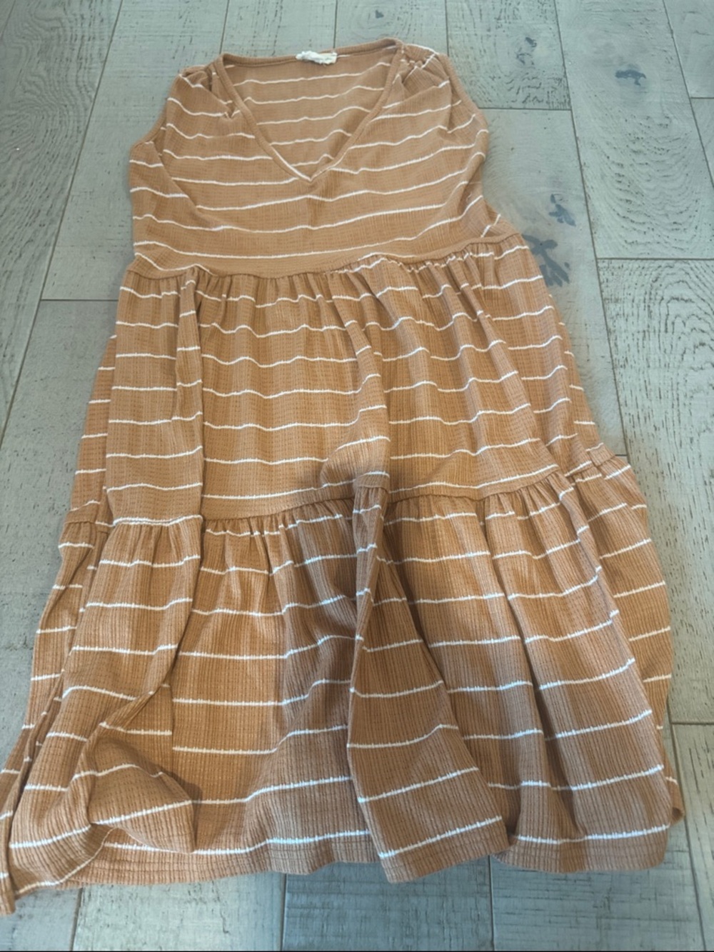 See You Monday Tan and White Striped V‑Neck Tiered Dress